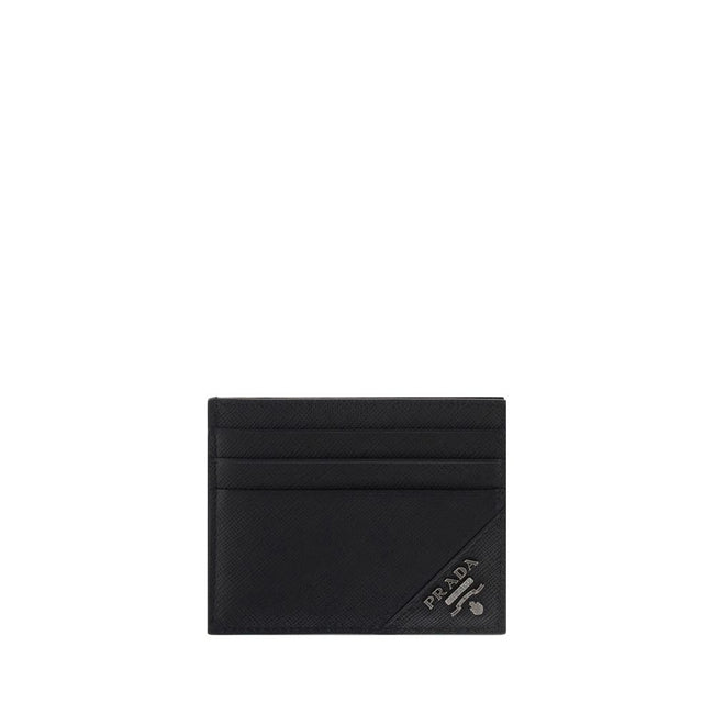Black Calf Leather Bos Taurus WalletPrada’s leather credit Card Holder is a compact and elegant accessory with six card slots distributed on the front and back. It is embellished with a blue leather detail with a metal plaque and logo on the front, while