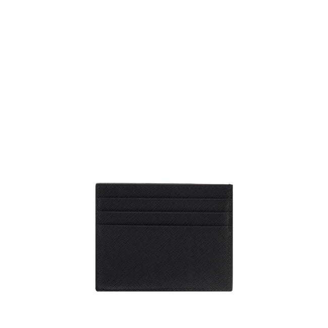 Black Calf Leather Bos Taurus WalletPrada’s leather credit Card Holder is a compact and elegant accessory with six card slots distributed on the front and back. It is embellished with a blue leather detail with a metal plaque and logo on the front, while
