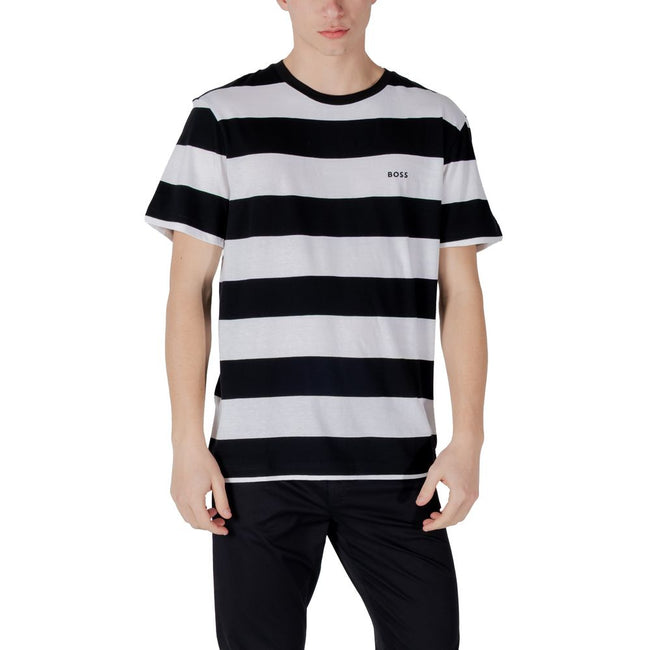 Black Cotton T-ShirtDiscover the Boss TalesStripe short-sleeve t-shirt for men, an essential piece for your summer wardrobe. Made from 100% cotton, this t-shirt offers a soft and comfortable feel against the skin, perfect for warm days. The elegant and mo
