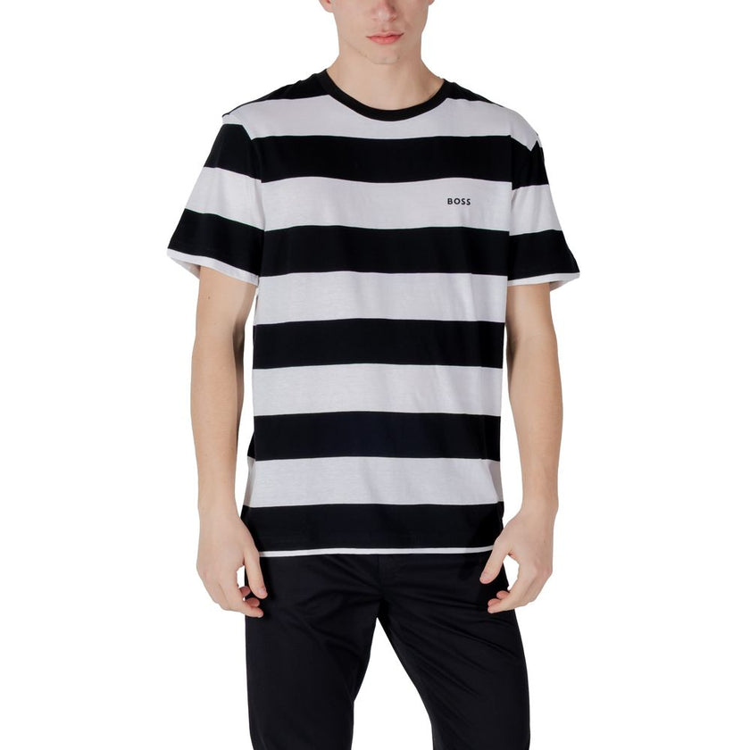 Black Cotton T-ShirtDiscover the Boss TalesStripe short-sleeve t-shirt for men, an essential piece for your summer wardrobe. Made from 100% cotton, this t-shirt offers a soft and comfortable feel against the skin, perfect for warm days. The elegant and mo