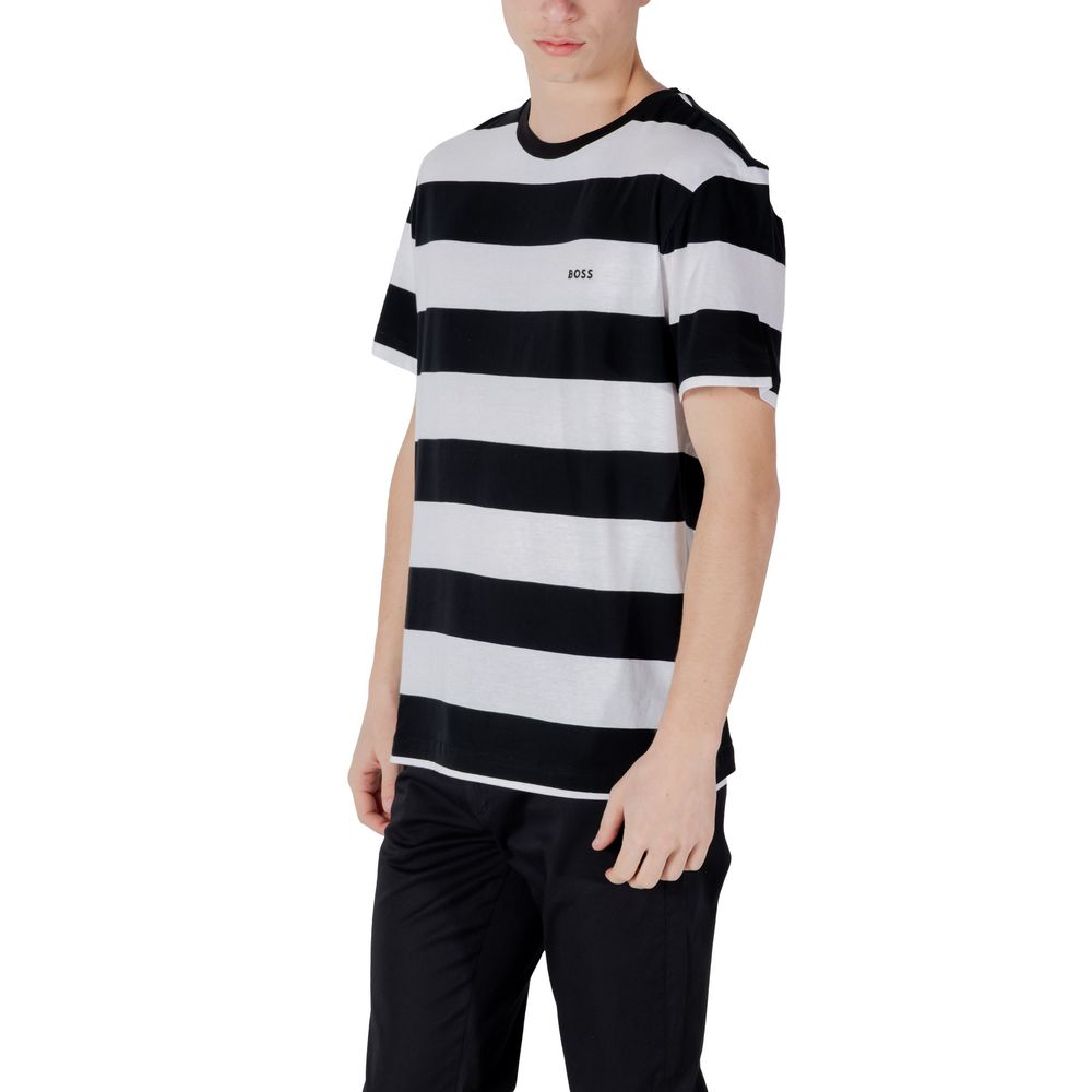 Black Cotton T-ShirtDiscover the Boss TalesStripe short-sleeve t-shirt for men, an essential piece for your summer wardrobe. Made from 100% cotton, this t-shirt offers a soft and comfortable feel against the skin, perfect for warm days. The elegant and mo