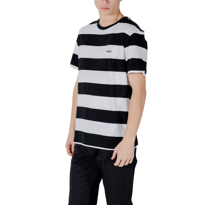 Black Cotton T-ShirtDiscover the Boss TalesStripe short-sleeve t-shirt for men, an essential piece for your summer wardrobe. Made from 100% cotton, this t-shirt offers a soft and comfortable feel against the skin, perfect for warm days. The elegant and mo