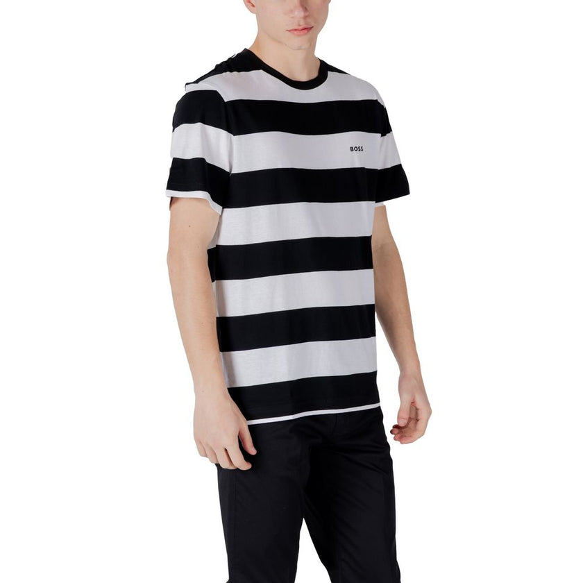 Black Cotton T-ShirtDiscover the Boss TalesStripe short-sleeve t-shirt for men, an essential piece for your summer wardrobe. Made from 100% cotton, this t-shirt offers a soft and comfortable feel against the skin, perfect for warm days. The elegant and mo