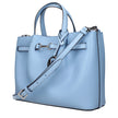 Light Blue Leather HandbagDescription: The product with MPN 35S5S2ZS3TLTSKY and code F83974 leather in heavenly is a handbags designed by Michael Kors. It has features like front logo, divider inner pocket, adjustable shoulder, removable shoulder, front d