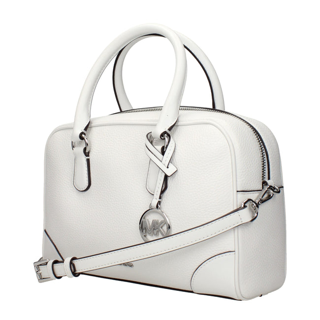 White Leather HandbagDescription: The product with MPN 35S5S70S6LOPTICWHITE and code F85021 leather in white is a handbags designed by Michael Kors. It has features like front logo, front detail, removable details, adjustable shoulder, removable shoulder.