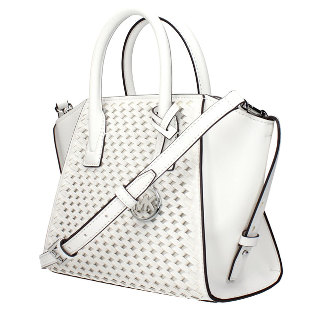 White Leather HandbagDescription: The product with MPN 35T5S4VS1YOPTICWHITE and code F85038 leather in white is a handbags designed by Michael Kors. It has features like front detail, removable details, adjustable shoulder, removable shoulder, side button