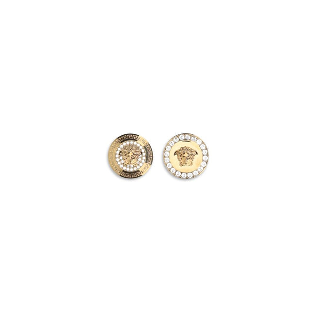 Gold Metal EarringsThe Crystal Medusa Earrings by Versace are small jewelry pieces featuring the iconic La Medusa emblem embellished with crystals. They showcase La Medusa hardware details, Greca engraving, and a butterfly clasp closure. Season: AW25 Comp