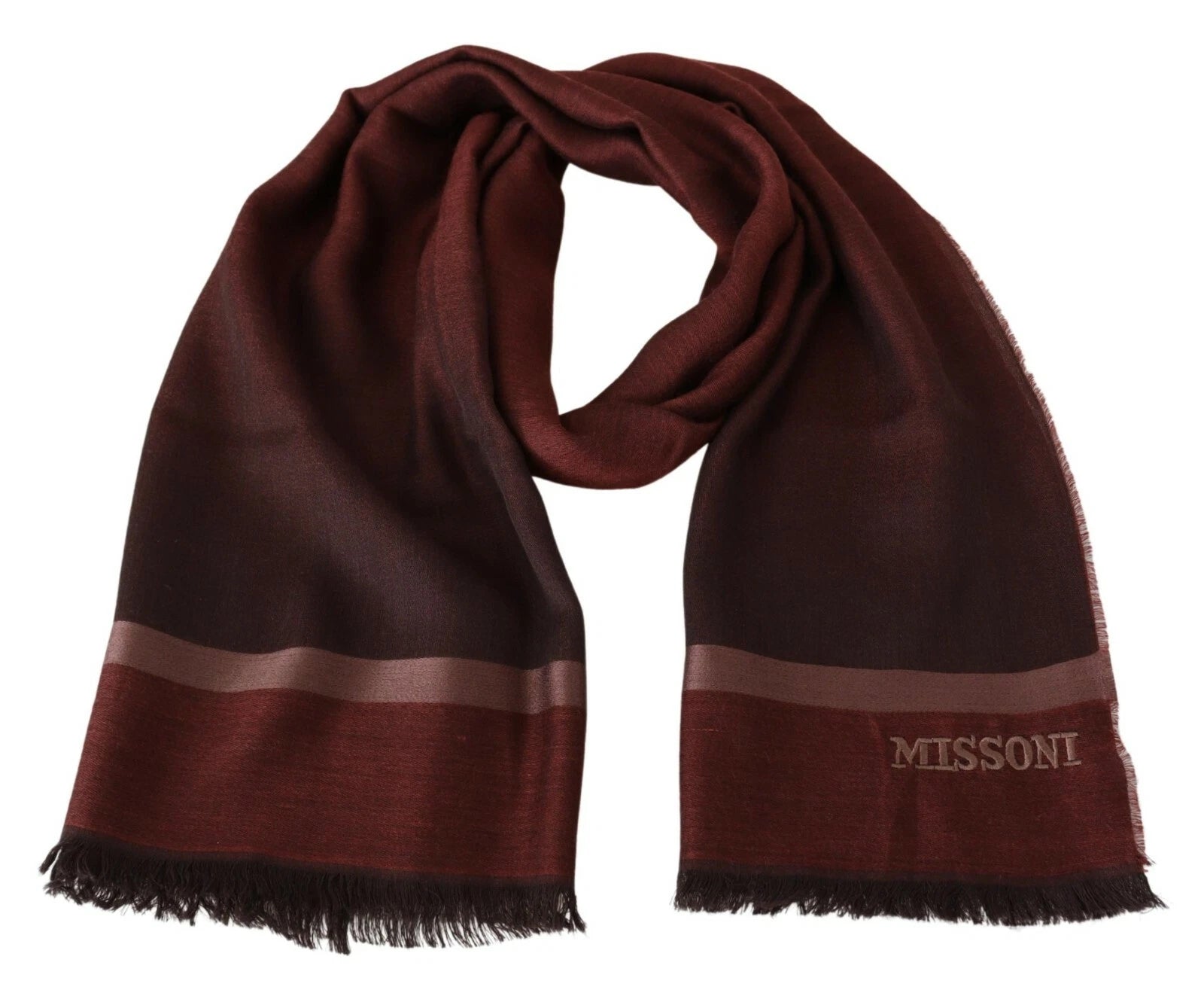Maroon Striped Wool Blend Unisex Wrap Fringes ScarfMISSONI Gorgeous brand new with tags, 100% Authentic Missoni wool blend scarf featuring a refined striped pattern and embroidered brand logo. Crafted from a luxurious mix of wool and cashmere, it offers e