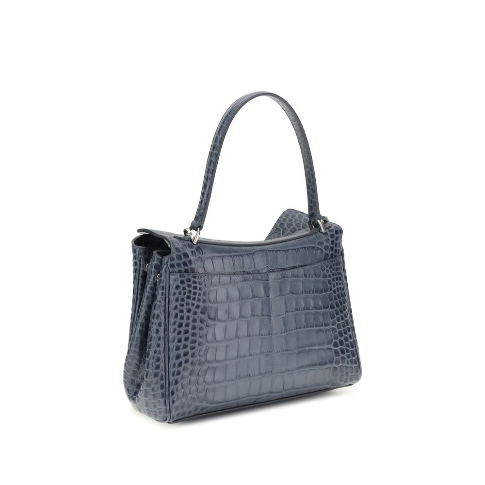 Light Blue Calf Leather Bos Taurus HandbagSmall Rodeo Handbag by Balenciaga is a structured and refined model made of calfskin with crocodile-effect processing. Equipped with a top handle and removable shoulder strap, it features iconic details such as a
