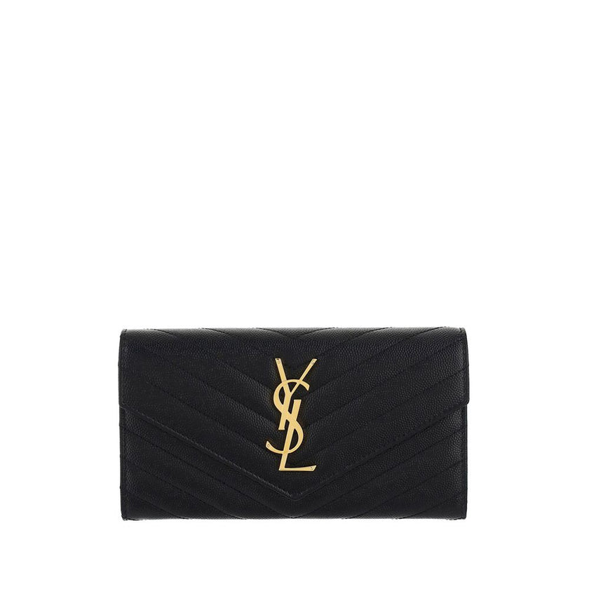 Black Calf Leather Bos Taurus WalletLeather Matellassè Wallet by Saint Laurent, gold brand logo on front, button closure on front, two compartments with one zip pocket, slots card, gold brand logo inside. Season: AW25 Dimension: 20x20x2 Composition: GENER