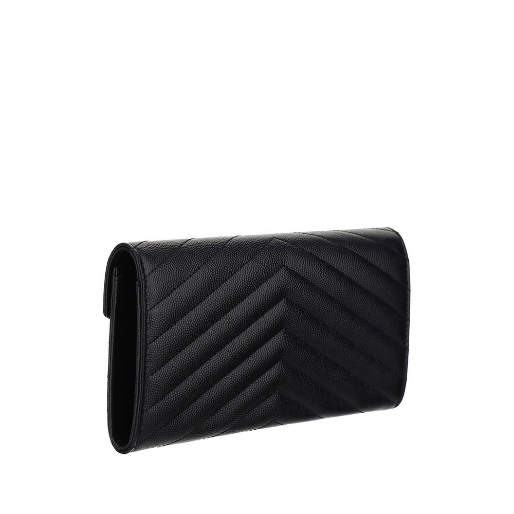 Black Calf Leather Bos Taurus WalletLeather Matellassè Wallet by Saint Laurent, gold brand logo on front, button closure on front, two compartments with one zip pocket, slots card, gold brand logo inside. Season: AW25 Dimension: 20x20x2 Composition: GENER