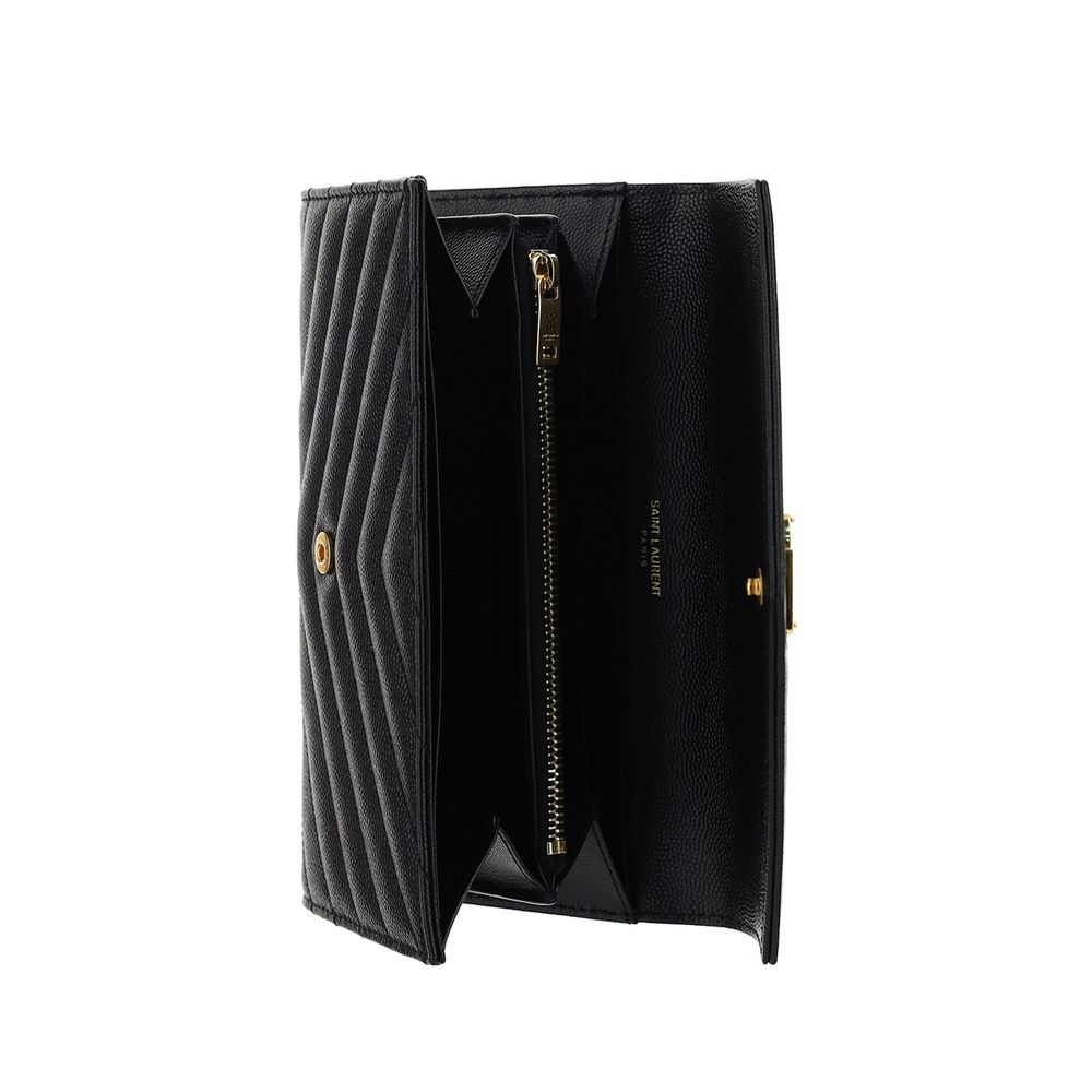 Black Calf Leather Bos Taurus WalletLeather Matellassè Wallet by Saint Laurent, gold brand logo on front, button closure on front, two compartments with one zip pocket, slots card, gold brand logo inside. Season: AW25 Dimension: 20x20x2 Composition: GENER