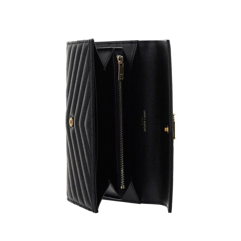 Black Calf Leather Bos Taurus WalletLeather Matellassè Wallet by Saint Laurent, gold brand logo on front, button closure on front, two compartments with one zip pocket, slots card, gold brand logo inside. Season: AW25 Dimension: 20x20x2 Composition: GENER