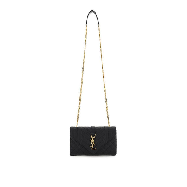 Black Calf Leather Bos Taurus Shoulder BagCalfskin Satchel Small Shoulder Bag by Saint Laurent, magnetic closure, monogram logo plaque, chain shoulder strap, matellassè texture, back flat pocket, internal flat pocket. Season: AW25 Dimension: 23x23x6 Compo