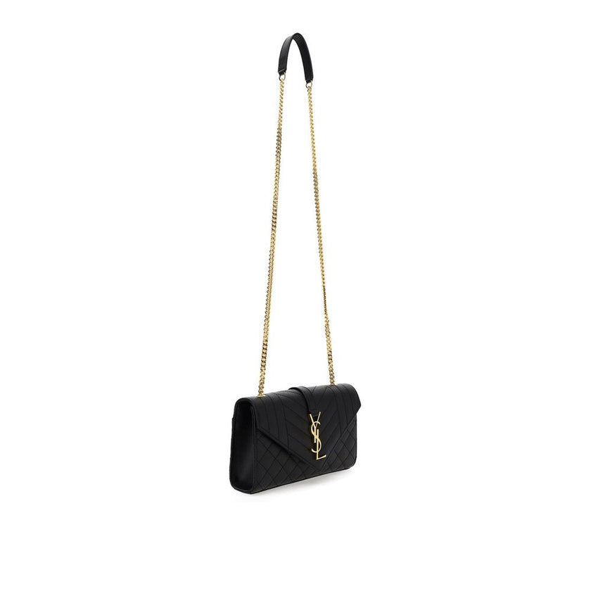 Black Calf Leather Bos Taurus Shoulder BagCalfskin Satchel Small Shoulder Bag by Saint Laurent, magnetic closure, monogram logo plaque, chain shoulder strap, matellassè texture, back flat pocket, internal flat pocket. Season: AW25 Dimension: 23x23x6 Compo