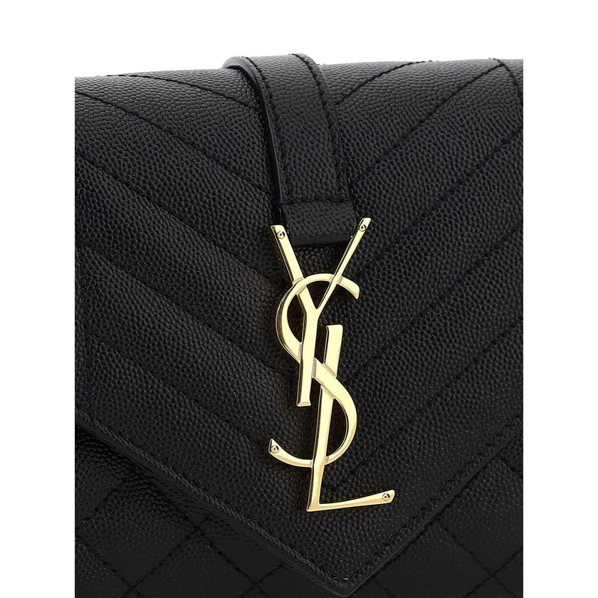 Black Calf Leather Bos Taurus Shoulder BagCalfskin Satchel Small Shoulder Bag by Saint Laurent, magnetic closure, monogram logo plaque, chain shoulder strap, matellassè texture, back flat pocket, internal flat pocket. Season: AW25 Dimension: 23x23x6 Compo