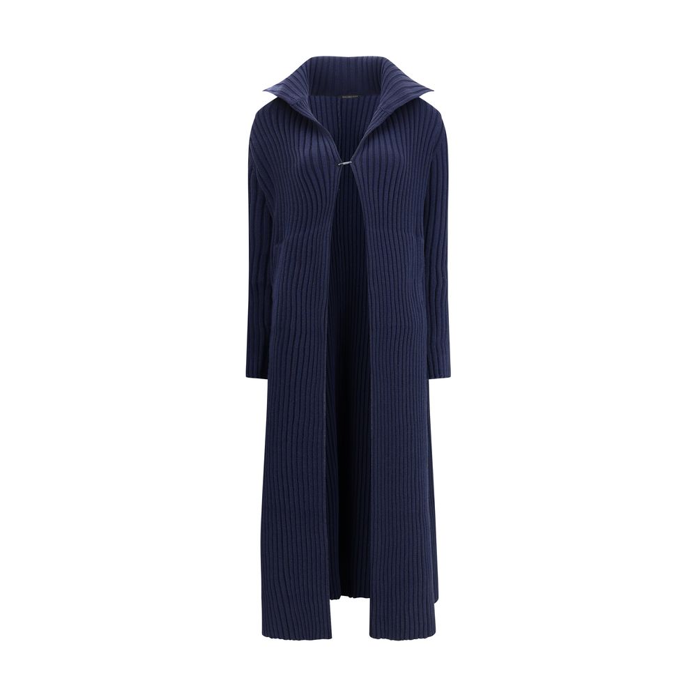 Blue Polyester Full-Length JacketThe Ribbed Shawl-Collar Cardigan by Balenciaga embodies understated luxury with its elongated silhouette and distinctive textural depth. Crafted in ribbed knit, it wraps the body with fluid ease, while the generous shawl c