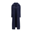 Blue Polyester Full-Length JacketThe Ribbed Shawl-Collar Cardigan by Balenciaga embodies understated luxury with its elongated silhouette and distinctive textural depth. Crafted in ribbed knit, it wraps the body with fluid ease, while the generous shawl c