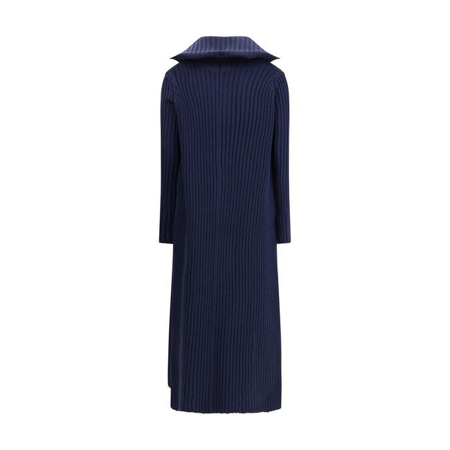 Blue Polyester Full-Length JacketThe Ribbed Shawl-Collar Cardigan by Balenciaga embodies understated luxury with its elongated silhouette and distinctive textural depth. Crafted in ribbed knit, it wraps the body with fluid ease, while the generous shawl c