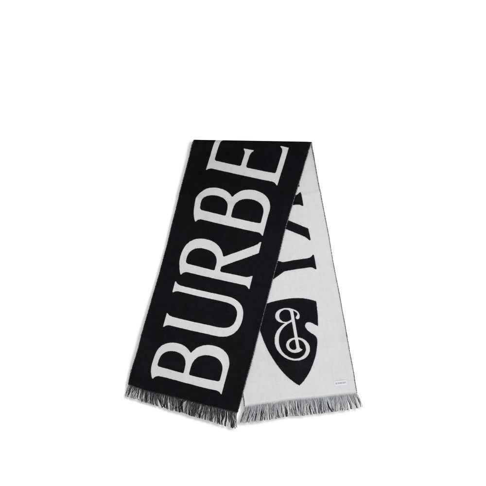 Black Wool ScarfWool logo Scarf by Burberry is a refined accessory with a graphic, contemporary style. Made in Italy from soft two-tone wool, it is decorated with Burberry lettering and the B Shield jacquard pattern, inspired by the iconic Equestrian Knig
