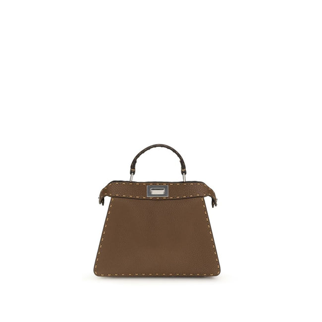 Brown Leather Shoulder BagThe Peekaboo ISeeU small Handbag by Fendi is crafted from brown Cuoio Romano leather with cappuccino-colored side panels, featuring a natural grain achieved through a metal-free tanning process.The leather-lined interior is divid