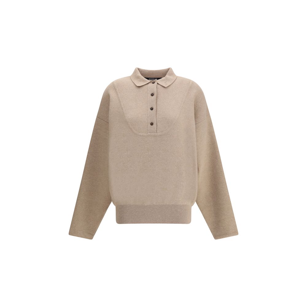 Beige Wool SweatshirtThis relaxed-fit Polo Sweater is crafted from heavy virgin Wool and Cashmere, perfect for colder days. Featuring a wide turtleneck, ribbed collar, cuffs and hem, and a yoke panel, it is finished with a red embroidered ‘J’ on the colla