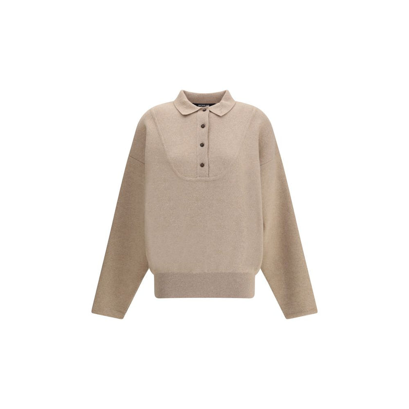 Beige Wool SweatshirtThis relaxed-fit Polo Sweater is crafted from heavy virgin Wool and Cashmere, perfect for colder days. Featuring a wide turtleneck, ribbed collar, cuffs and hem, and a yoke panel, it is finished with a red embroidered ‘J’ on the colla