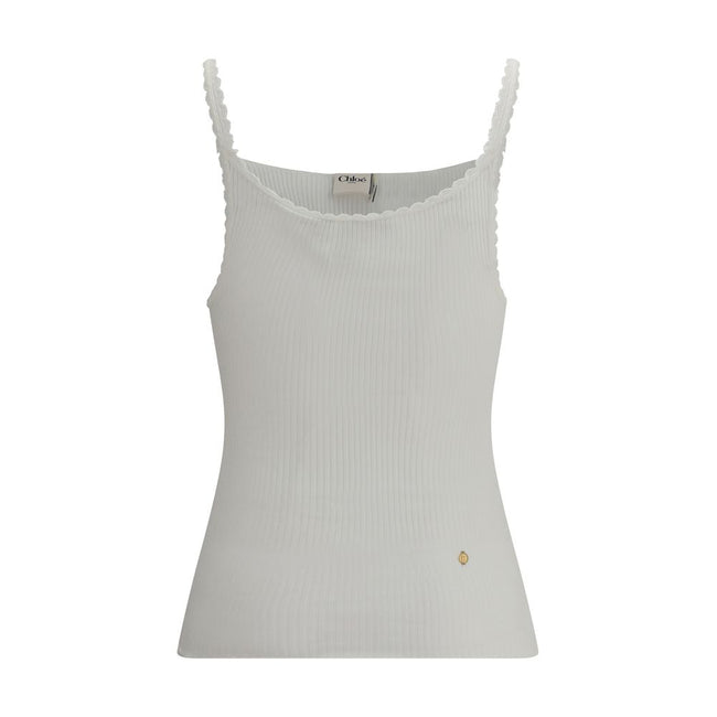 White Cotton TopThe Cotton Tank Top by Chloé channels feminine elegance through fluid and refined lines. Its lightweight silhouette is enhanced by tailored finishes and a golden medal detail on the side, a signature touch of the maison. With its essential