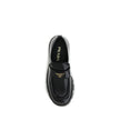 Black Calf Leather Bos Taurus Platform LoafersBrushed leather Monolith Loafers by Prada reinterpret a classic with a bold, contemporary twist. Featuring a leather horsebit upper with metallic detail, they have a burlotto bowl and an all-leather lining. Th