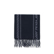 Blue Fleece Wool ScarfThe virgin wool and cashmere Scarf by Prada is an elegant and versatile accessory. Crafted from soft blue virgin wool and cashmere, it is enriched with a refined grey striped pattern and logo inlay along the edges. Fringed hems add a