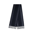 Blue Fleece Wool ScarfThe virgin wool and cashmere Scarf by Prada is an elegant and versatile accessory. Crafted from soft blue virgin wool and cashmere, it is enriched with a refined grey striped pattern and logo inlay along the edges. Fringed hems add a