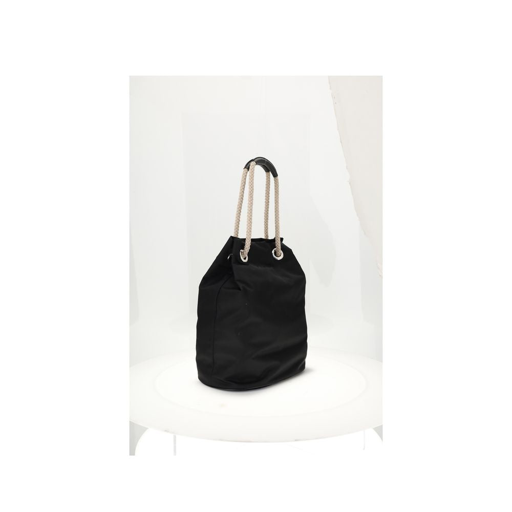 Black Recycled Polyamide Shoulder BagMedium Mariner Re-Nylon Bucket Bag by Prada combines functional design and sustainable materials. The soft, roomy silhouette is enhanced by rope and leather sliding handles that contrast with the technical texture of R