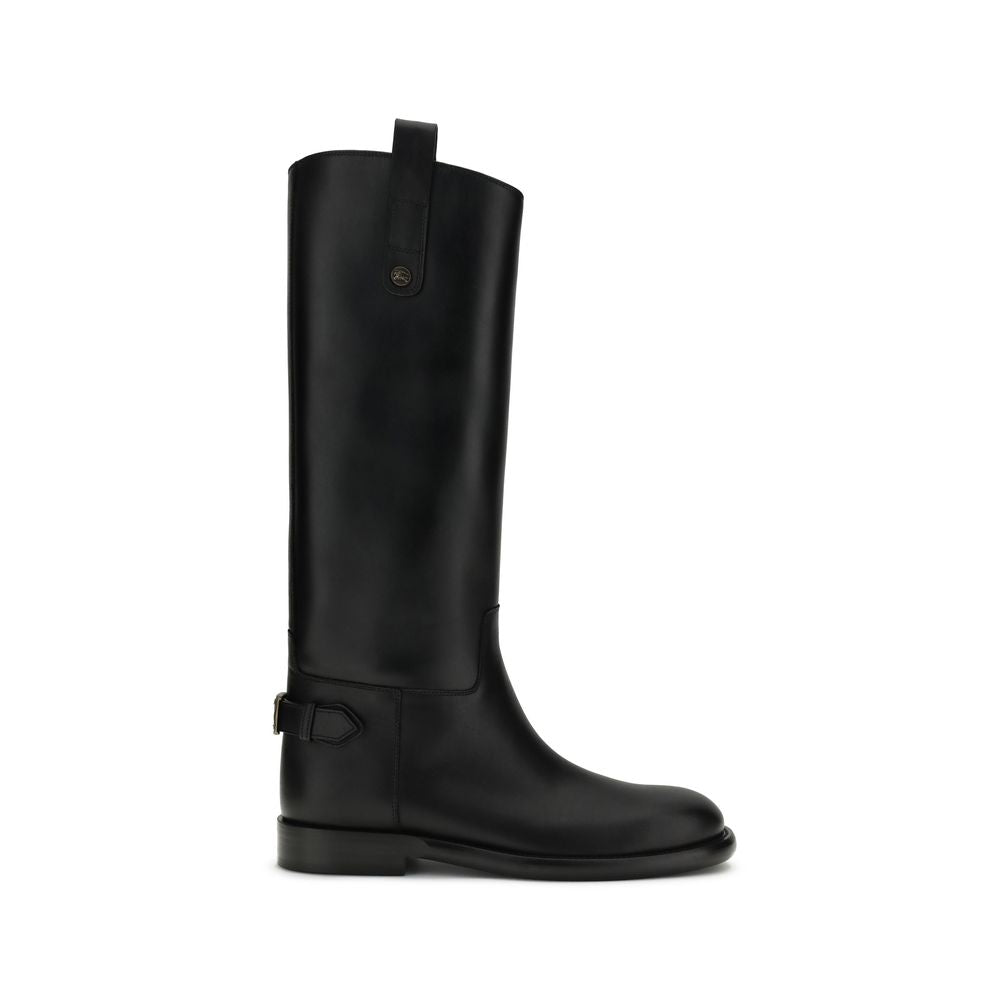 Black Calf Leather Bos Taurus Flat BootsLeather high Boots by Burberry combine essential lines and iconic details in a sleek, functional design. Featuring a flat sole and round toe, they offer a comfortable fit for everyday wear. There is a decorative buc