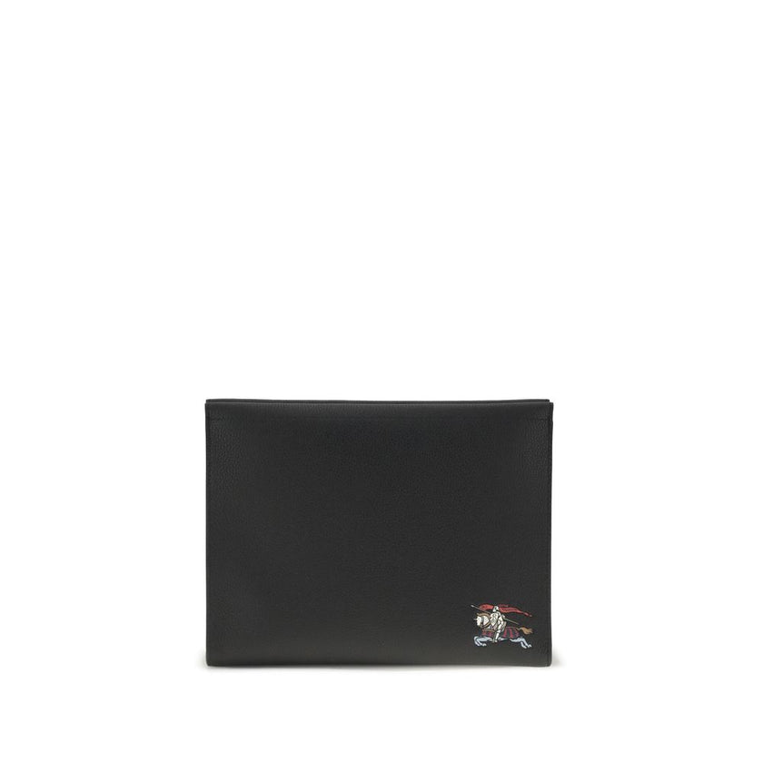 Leather PouchLeather Pouch by Burberry is a compact and stylish accessory embellished with the iconic multicolored Equestrian Knight embroidered on the front. Made of smooth leather, it features a concealed top zipper closure, ideal for storing essentials