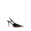 Black Calf Leather Bos Taurus PumpsJeanne Pumps by Saint Laurent are distinguished by a square metal toe decorated with a hammered Cassandre motif, which lends a bold and sophisticated touch. The opening at the back is enhanced by the elasticized strap, w