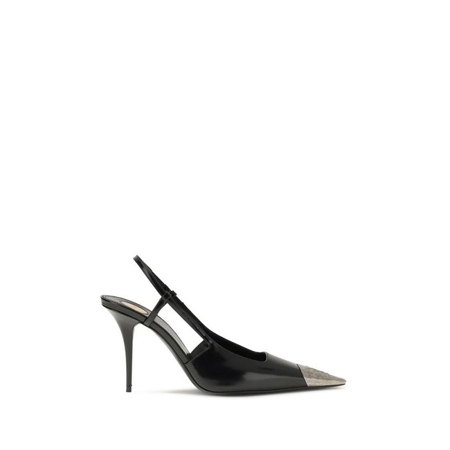 Black Calf Leather Bos Taurus PumpsJeanne Pumps by Saint Laurent are distinguished by a square metal toe decorated with a hammered Cassandre motif, which lends a bold and sophisticated touch. The opening at the back is enhanced by the elasticized strap, w