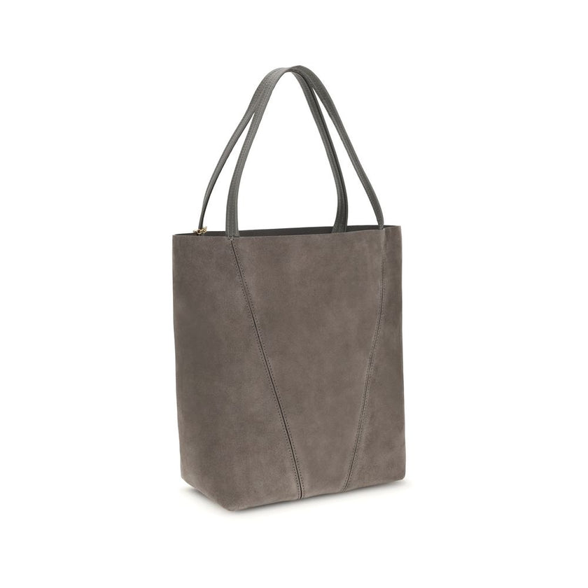 Gray Calf Leather Bos Taurus Shoulder BagThe Chloé Spin Tote Bag in suede combines a minimalist silhouette with iconic details. The two leather handles ensure practicality, while the pendant chain with the Chloé and Horse medals adds a distinctive touch.