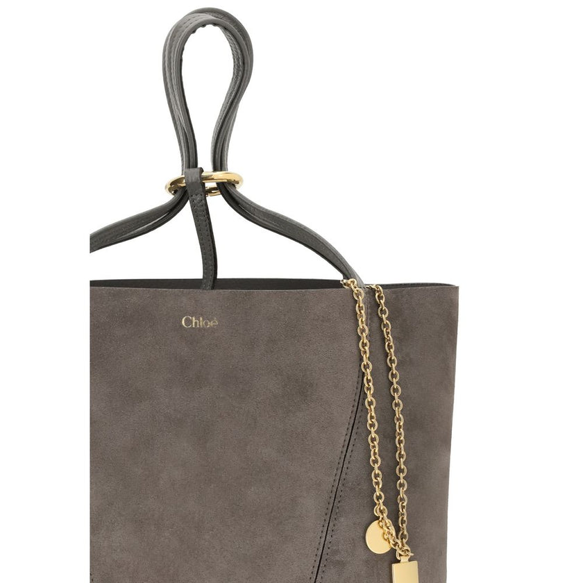 Gray Calf Leather Bos Taurus Shoulder BagThe Chloé Spin Tote Bag in suede combines a minimalist silhouette with iconic details. The two leather handles ensure practicality, while the pendant chain with the Chloé and Horse medals adds a distinctive touch.