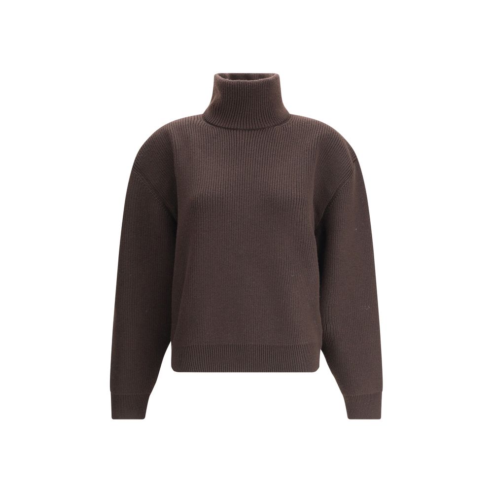 Brown Lamb Leather SweatshirtThe chunky Wool Knit Pullover by Yves Saint Laurent embodies the essence of tailored knitwear with a bold and refined character. Made from certified wool, it features a stand-up collar and oversized structured shoulders, givin