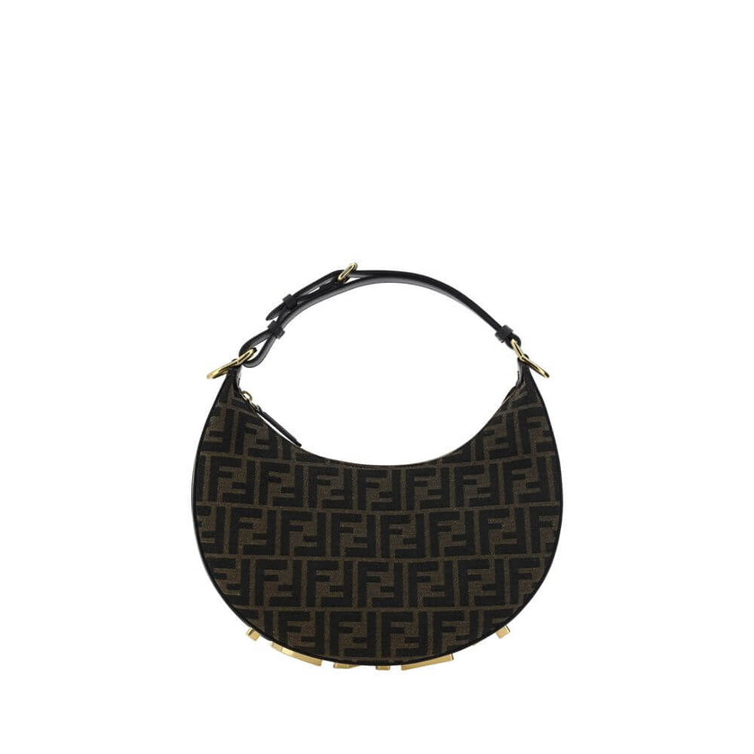 Brown Fabric Shoulder BagCotton Fendigraphy Small Handbag by Fendi, coated cotton jacquard design, top zipper closure, adjustable and removable perlle handle, three-dimensional maxi logo applique at the base of the bag, single interior compartment, interi