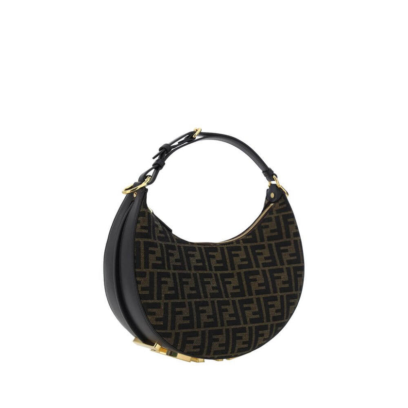 Brown Fabric Shoulder BagCotton Fendigraphy Small Handbag by Fendi, coated cotton jacquard design, top zipper closure, adjustable and removable perlle handle, three-dimensional maxi logo applique at the base of the bag, single interior compartment, interi