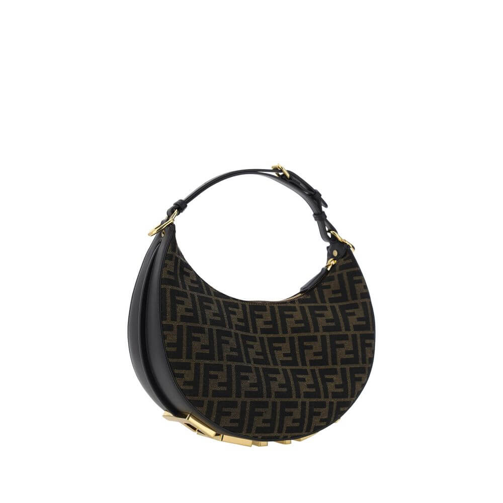 Brown Fabric Shoulder BagCotton Fendigraphy Small Handbag by Fendi, coated cotton jacquard design, top zipper closure, adjustable and removable perlle handle, three-dimensional maxi logo applique at the base of the bag, single interior compartment, interi