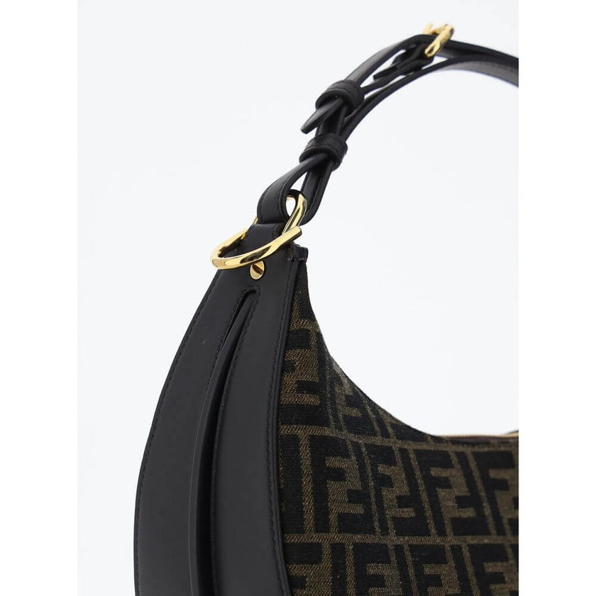 Brown Fabric Shoulder BagCotton Fendigraphy Small Handbag by Fendi, coated cotton jacquard design, top zipper closure, adjustable and removable perlle handle, three-dimensional maxi logo applique at the base of the bag, single interior compartment, interi