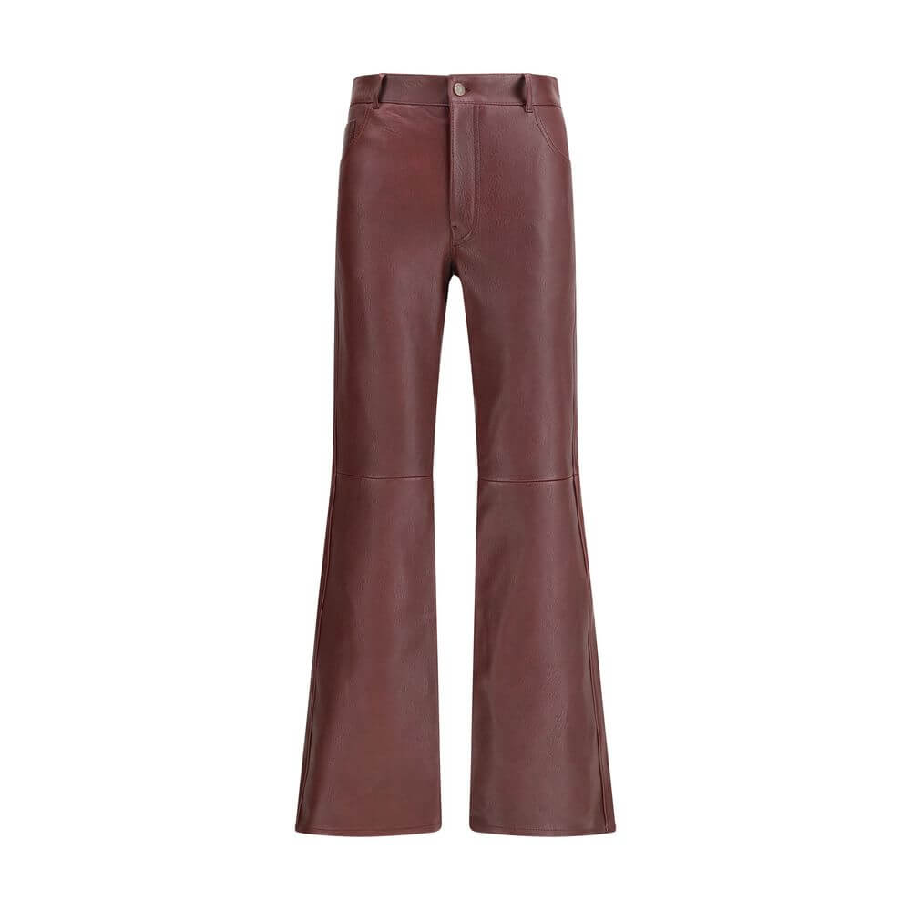 Bordeaux Leather PantsThe flared lambskin leather trousers by Chloé, crafted from slightly textured leather for a refined and distinctive look. Featuring a front zip and logo-engraved button closure, belt loops and a classic five-pocket design. An iconic