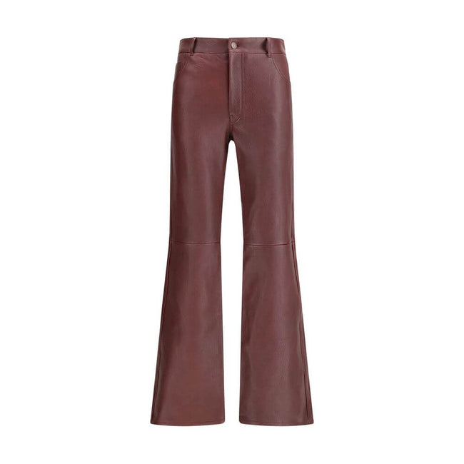 Bordeaux Leather PantsThe flared lambskin leather trousers by Chloé, crafted from slightly textured leather for a refined and distinctive look. Featuring a front zip and logo-engraved button closure, belt loops and a classic five-pocket design. An iconic