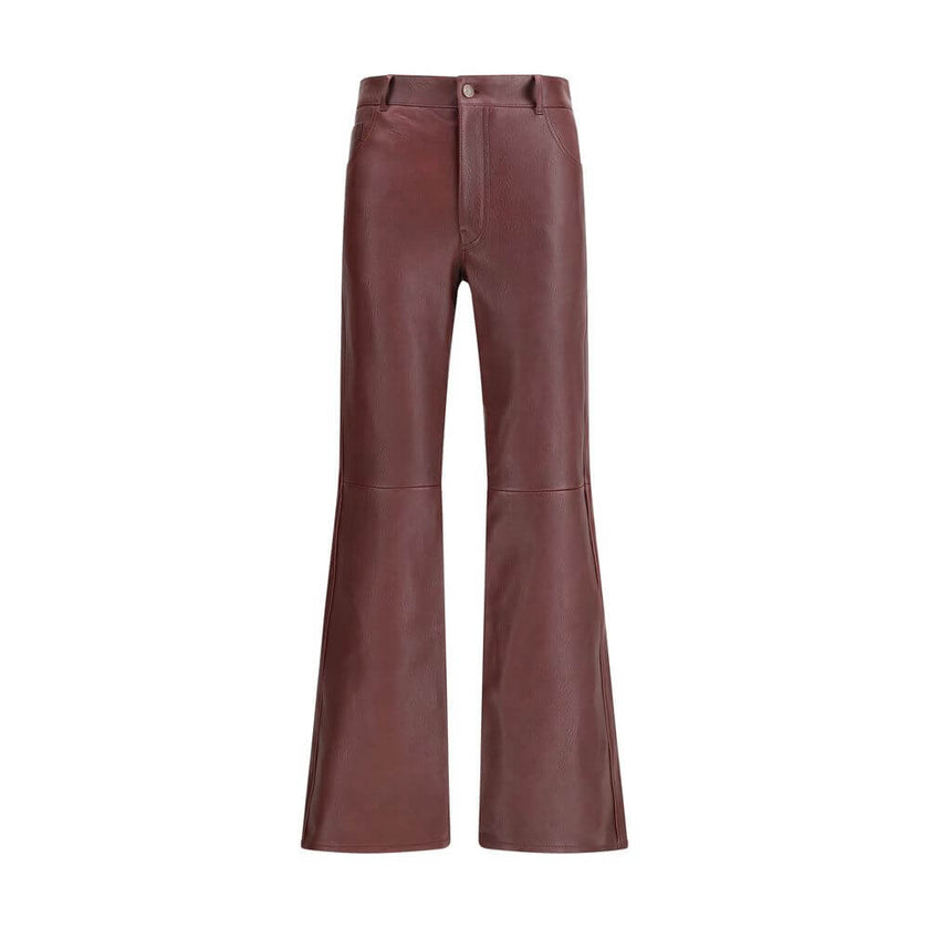 Bordeaux Leather PantsThe flared lambskin leather trousers by Chloé, crafted from slightly textured leather for a refined and distinctive look. Featuring a front zip and logo-engraved button closure, belt loops and a classic five-pocket design. An iconic