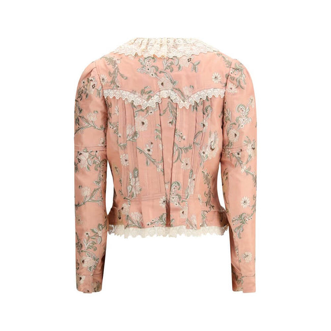 Fitted Jacket in jacquard taffeta and laceThe fitted jacket in jacquard taffeta and lace by Chloé captures a baroque spirit through exquisite craftsmanship. Made from a silk-blend floral jacquard, it is adorned with lace detailing and puffed shoulders tha