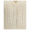 Cream Alpaca Vicugna Pacos CardiganThe V-neck cardigan by Moncler is reimagined with a contemporary twist through refined textures. Crafted from a luxurious blend of nylon, wool, alpaca, and mohair, it features a distinctive cable and Aran knit that adds