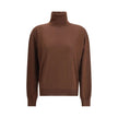 Brown Cashmere TurtleneckThe Turtleneck Pullover in Cashmere, Wool, and Silk by Saint Laurent is a refined and enveloping piece that combines comfort with understated luxury. Designed with a relaxed fit and dropped shoulders, it features ribbed finishes t