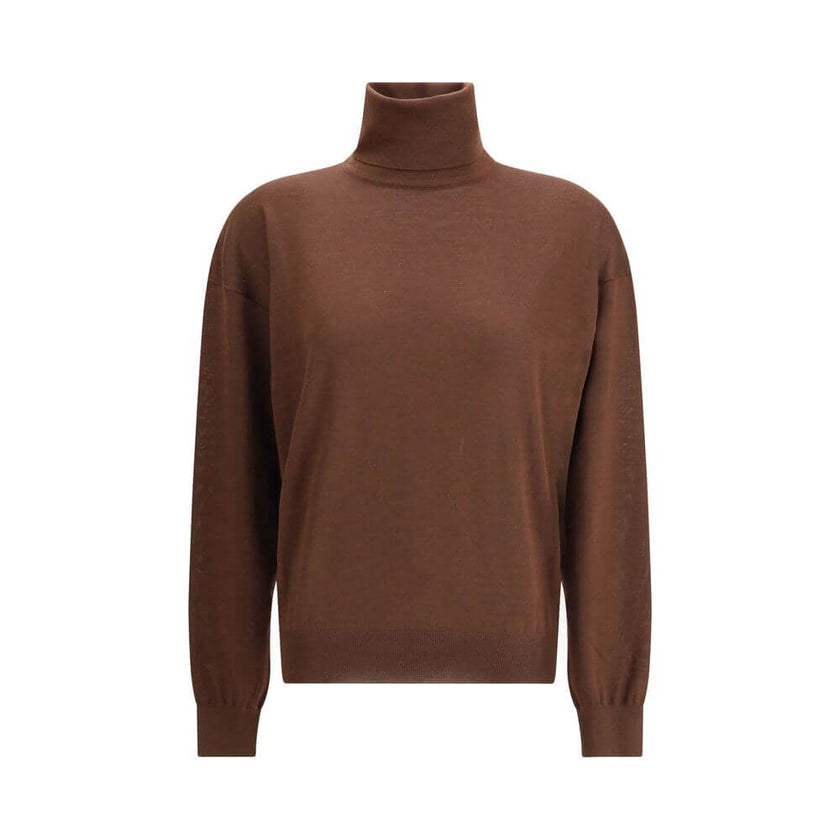 Brown Cashmere TurtleneckThe Turtleneck Pullover in Cashmere, Wool, and Silk by Saint Laurent is a refined and enveloping piece that combines comfort with understated luxury. Designed with a relaxed fit and dropped shoulders, it features ribbed finishes t